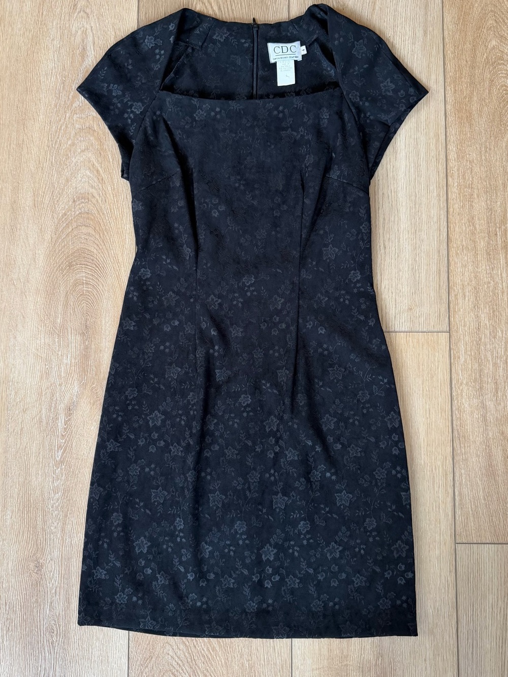 CDC Black Floral Jacquard Sheath Dress Square Neck Career 90s Women’s 4